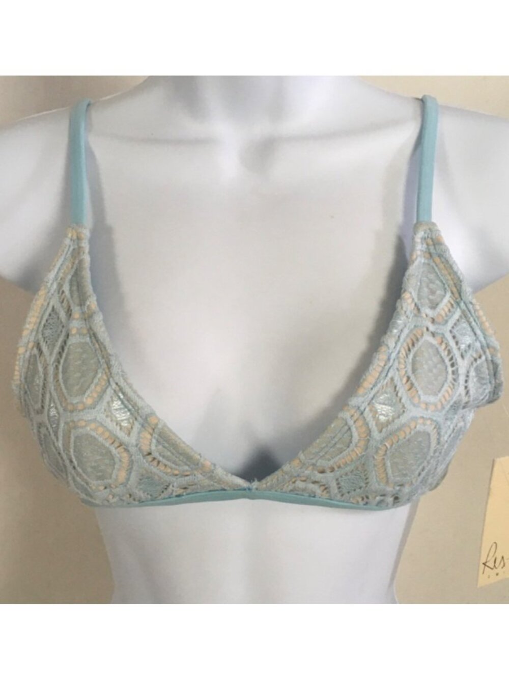 Risk Bikini Top Size S Cream with Light Blue Lace Overlay New with Tags